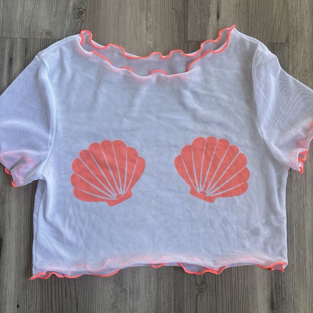 NWOT Tinibikini Orange Sheer Mesh Seashell Top Cover Up Size Small